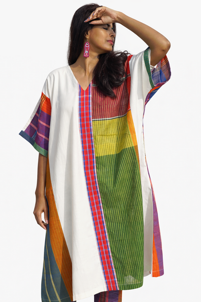 Kurta Dress for Women Free Size Gamcha Fashion Handloom Cotton Fabric White and Green Check D43