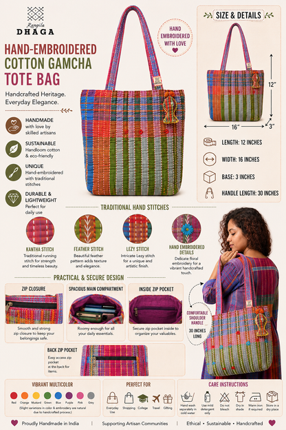Hand-Embroidered Cotton Gamcha Tote Bag | Multicolor Artisan Shoulder Tote with Zip Closure & Multiple Pockets  106