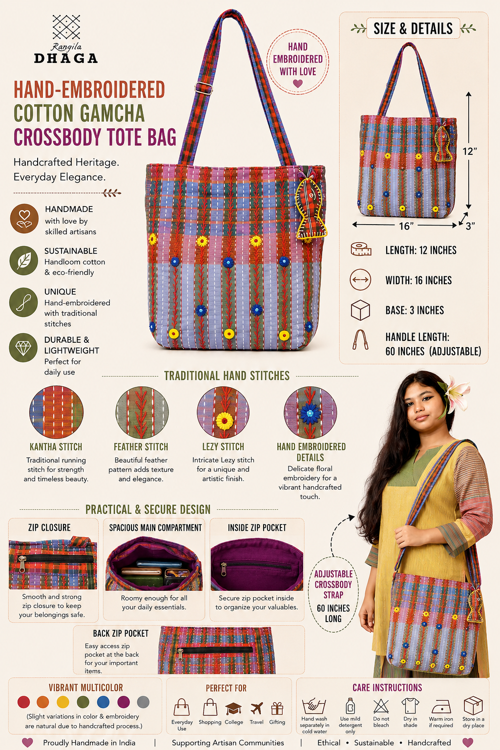 Hand-Embroidered Cotton Gamcha Sling Bag | Adjustable Crossbody Bag with Kantha, Feather & Lezy Stitch   | Rangila Dhaga  SL28