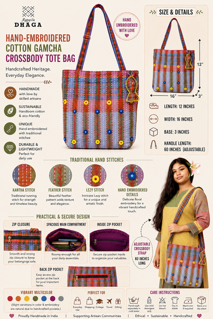 Hand-Embroidered Cotton Gamcha Sling Bag | Adjustable Crossbody Bag with Kantha, Feather & Lezy Stitch   | Rangila Dhaga  SL28