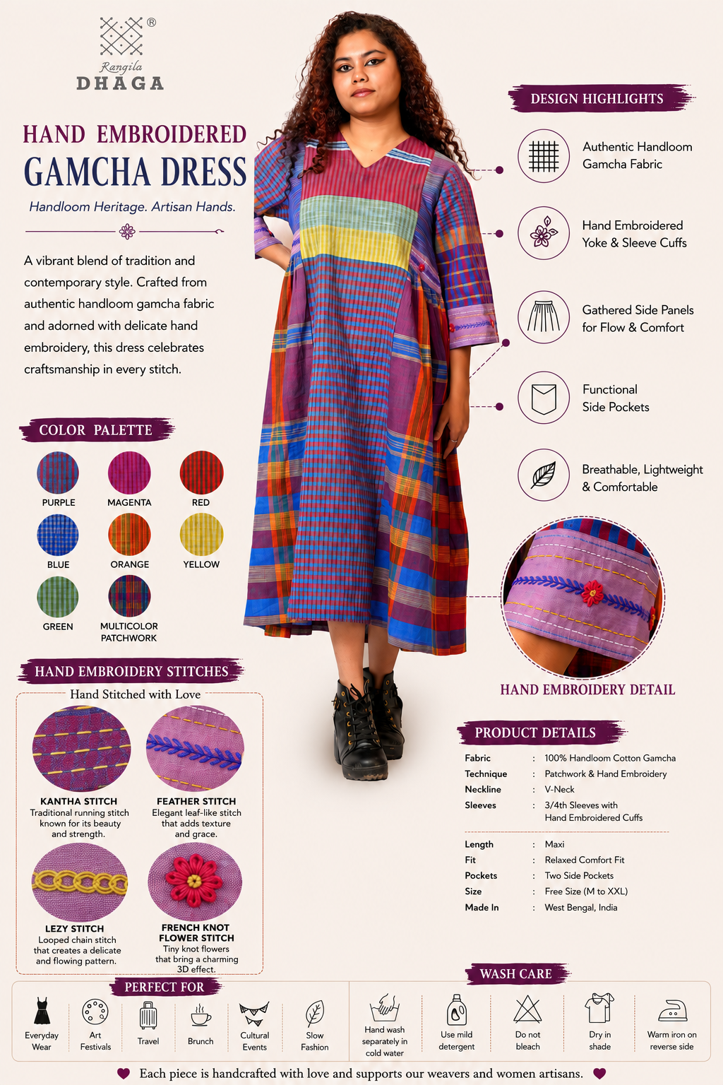 Hand Embroidered Multicolor Handloom Gamcha Dress | Artisan Cotton Dress | Rangila Dhaga | Rangila Dhaga KD002