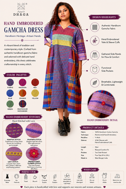 Hand Embroidered Multicolor Handloom Gamcha Dress | Artisan Cotton Dress | Rangila Dhaga | Rangila Dhaga KD002