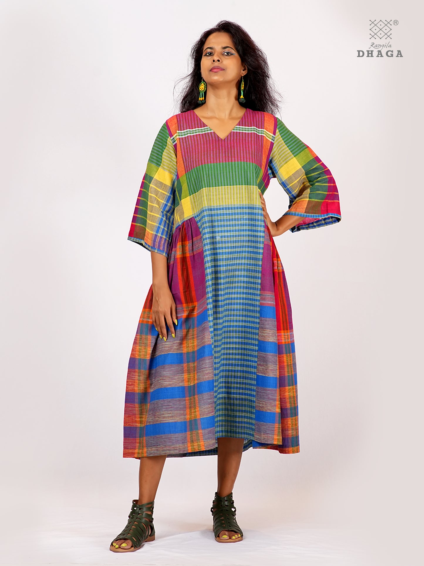 Handloom Gamcha Yoke Gathered Dress | Artisan Cotton Dress with Pockets| Rangila Dhaga KD009