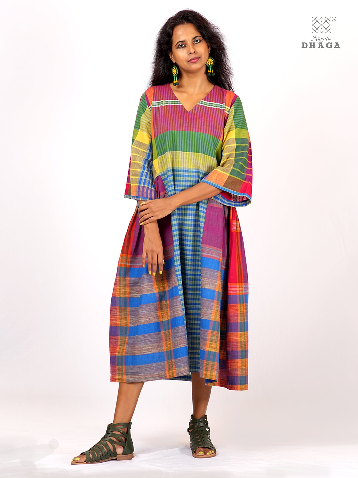 Handloom Gamcha Yoke Gathered Dress | Artisan Cotton Dress with Pockets| Rangila Dhaga KD009