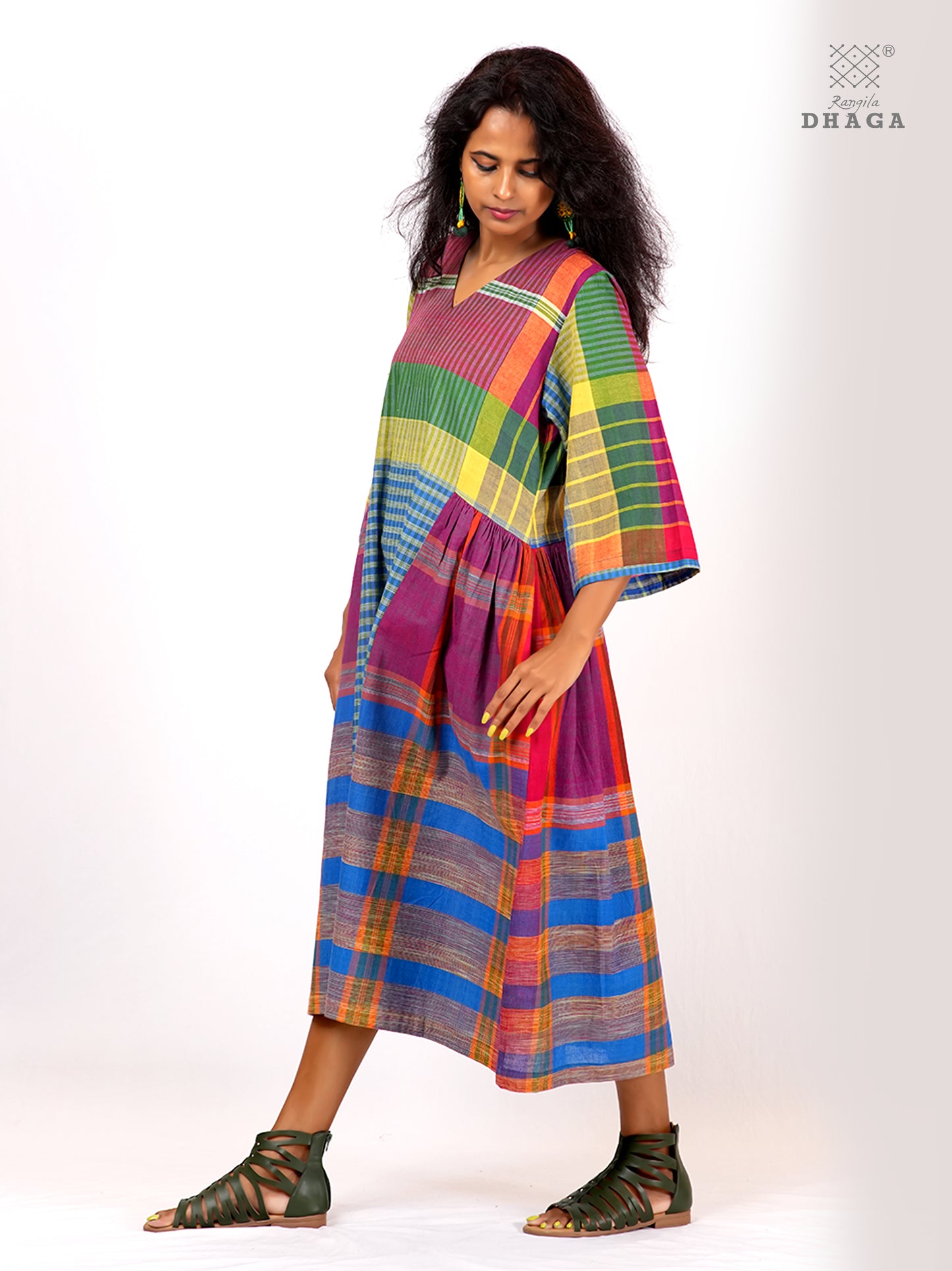 Handloom Gamcha Yoke Gathered Dress | Artisan Cotton Dress with Pockets| Rangila Dhaga KD009