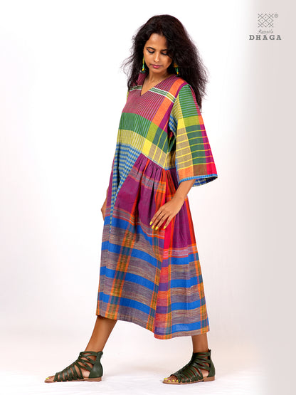Handloom Gamcha Yoke Gathered Dress | Artisan Cotton Dress with Pockets| Rangila Dhaga KD009