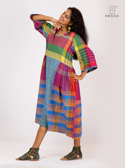 Handloom Gamcha Yoke Gathered Dress | Artisan Cotton Dress with Pockets| Rangila Dhaga KD009