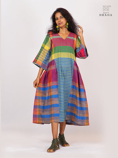 Handloom Gamcha Yoke Gathered Dress | Artisan Cotton Dress with Pockets| Rangila Dhaga KD009