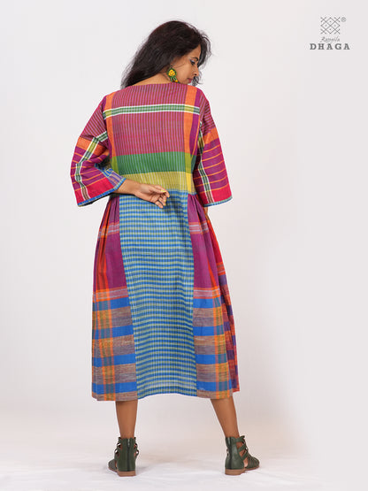 Handloom Gamcha Yoke Gathered Dress | Artisan Cotton Dress with Pockets| Rangila Dhaga KD009