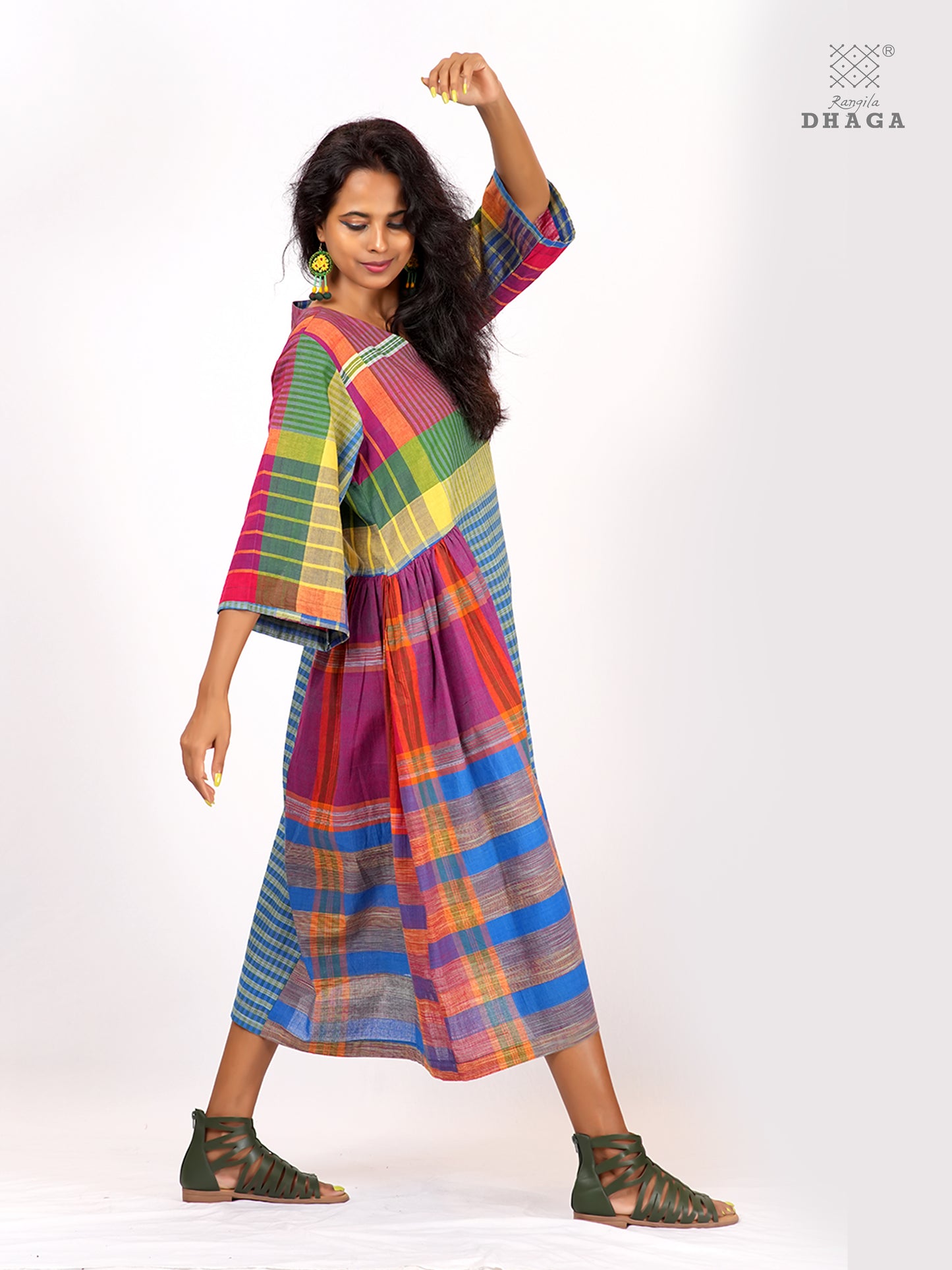 Handloom Gamcha Yoke Gathered Dress | Artisan Cotton Dress with Pockets| Rangila Dhaga KD009