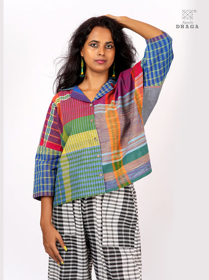 Women’s Oversized Handloom Gamcha Cotton Shirt | Handloom Front Open Top  S04