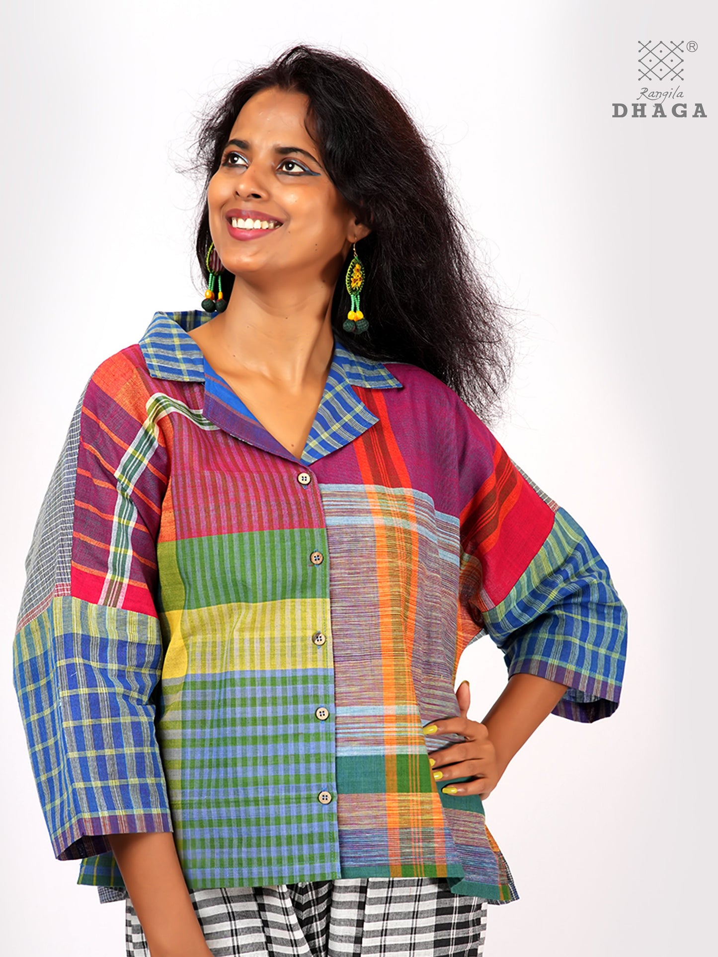 Women’s Oversized Handloom Gamcha Cotton Shirt | Handloom Front Open Top  S04