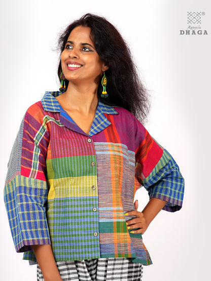 Women’s Oversized Handloom Gamcha Cotton Shirt | Handloom Front Open Top  S04