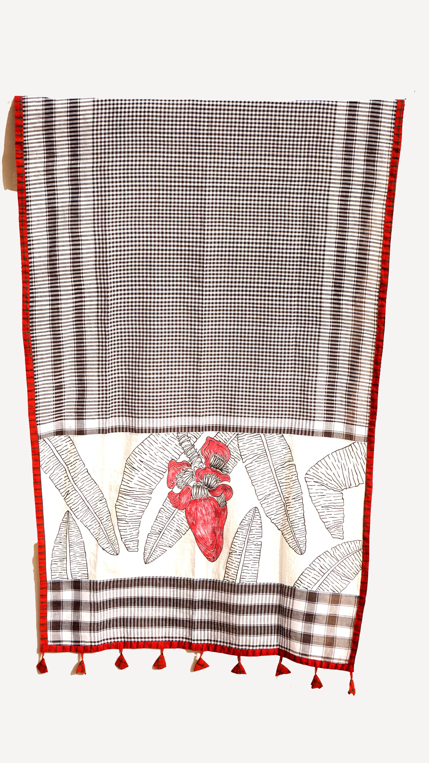 Handpainted Banana Blossom Gamcha Dupatta | Black & White Checks with Red Tassels