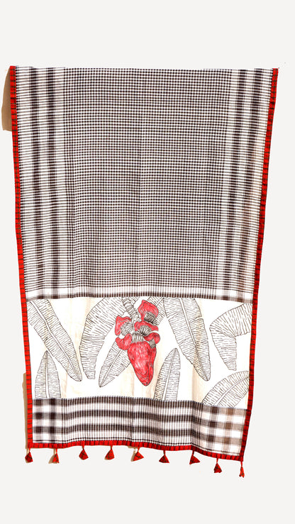 Handpainted Banana Blossom Gamcha Dupatta | Black & White Checks with Red Tassels