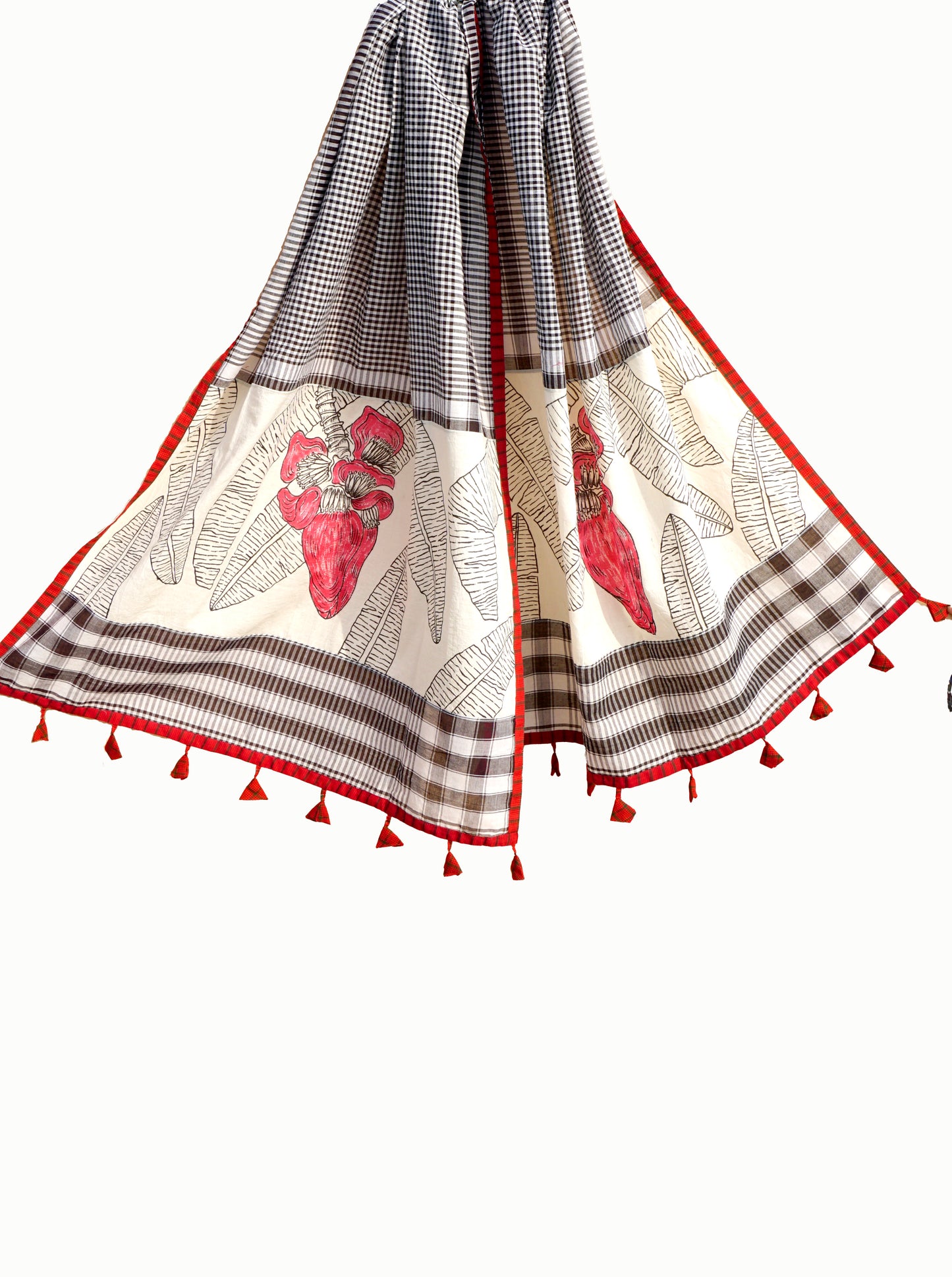 Handpainted Banana Blossom Gamcha Dupatta | Black & White Checks with Red Tassels