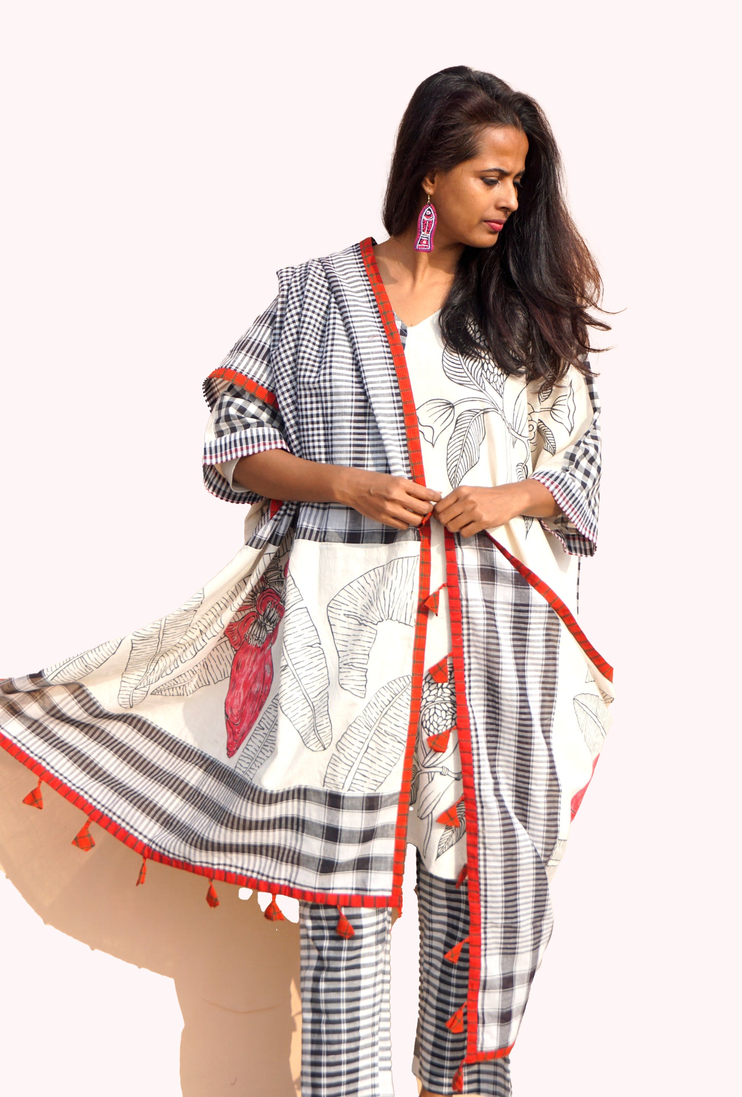 Handpainted Banana Blossom Gamcha Dupatta | Black & White Checks with Red Tassels