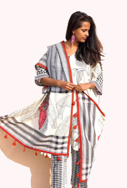 Handpainted Banana Blossom Gamcha Dupatta | Black & White Checks with Red Tassels