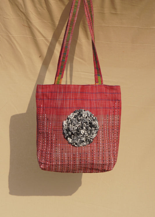 Handmade Gamcha Tote Bag with Floral Appliqué | Sustainable Cotton Handloom Bag