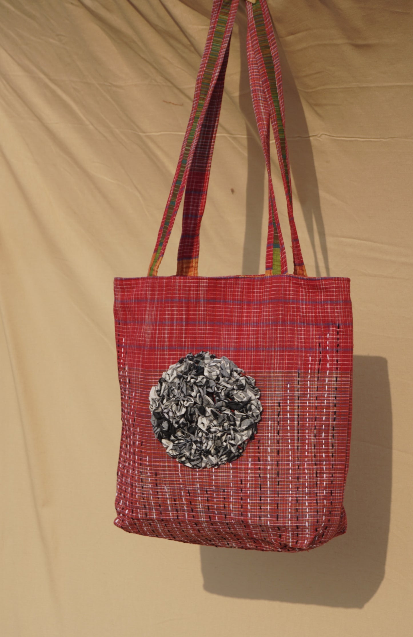 Handmade Gamcha Tote Bag with Floral Appliqué | Sustainable Cotton Handloom Bag