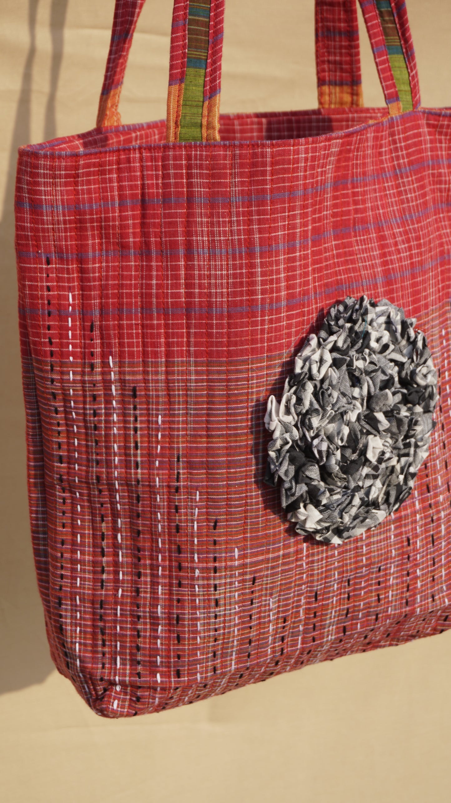 Handmade Gamcha Tote Bag with Floral Appliqué | Sustainable Cotton Handloom Bag