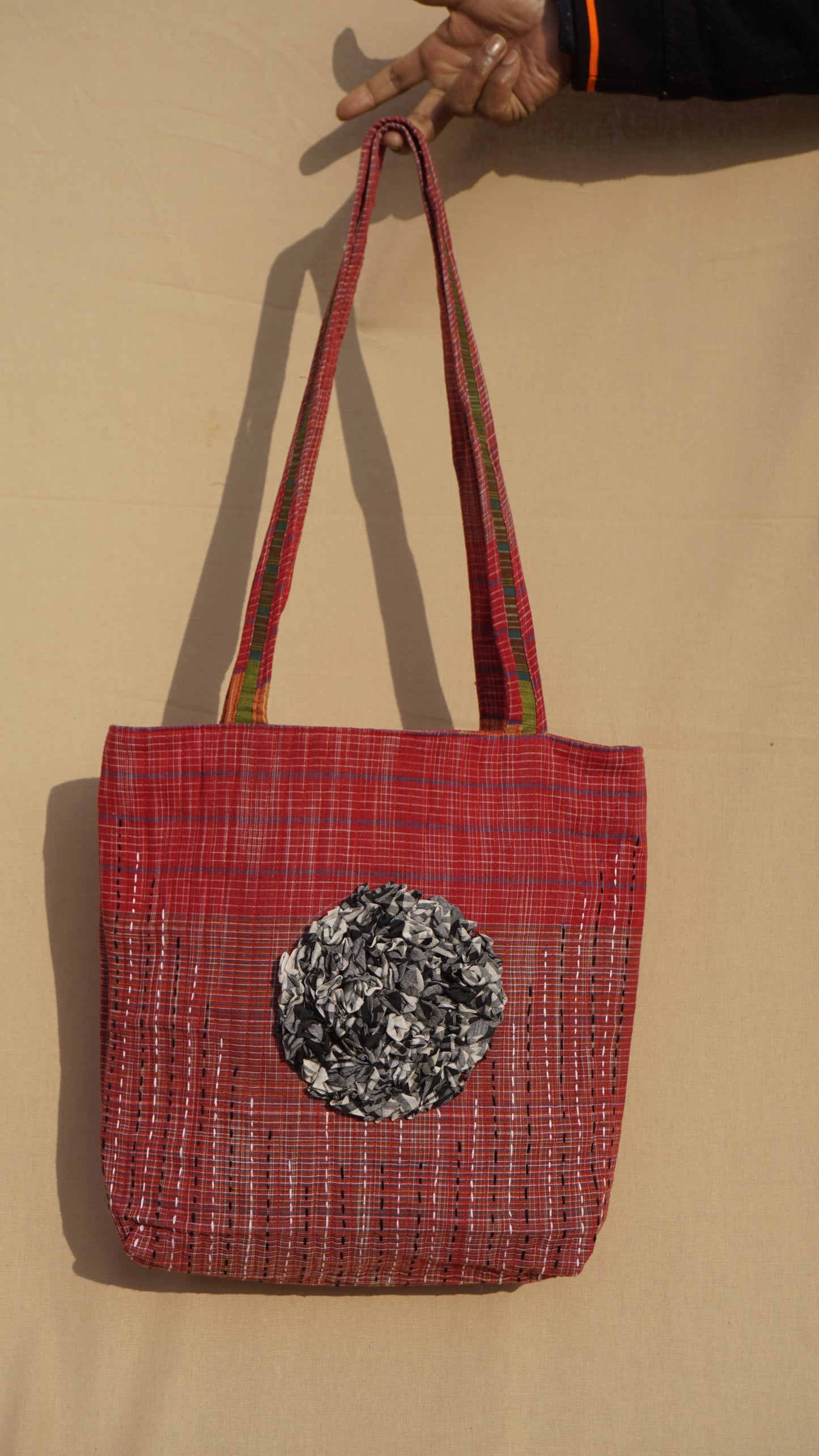 Handmade Gamcha Tote Bag with Floral Appliqué | Sustainable Cotton Handloom Bag