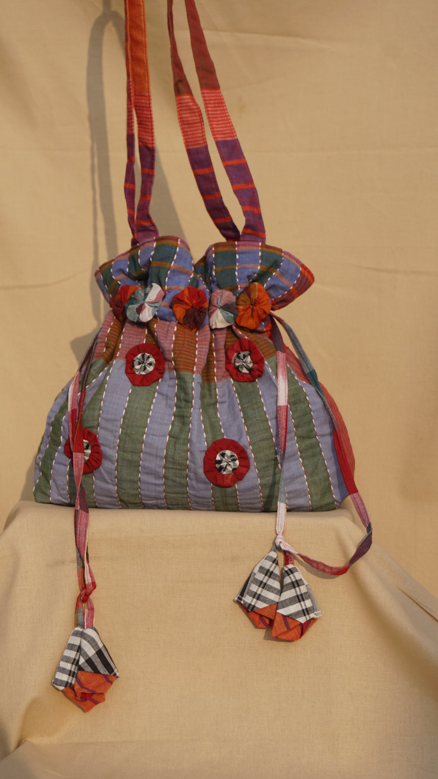 Handwoven Gamcha potli Tote Bag with Embroidery Handmade Cotton Shoulder Bag – Rangila Dhaga Bag