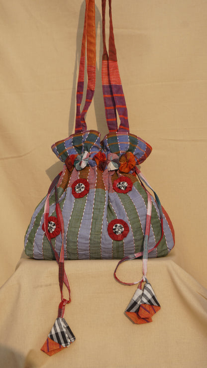Handwoven Gamcha potli Tote Bag with Embroidery Handmade Cotton Shoulder Bag – Rangila Dhaga Bag