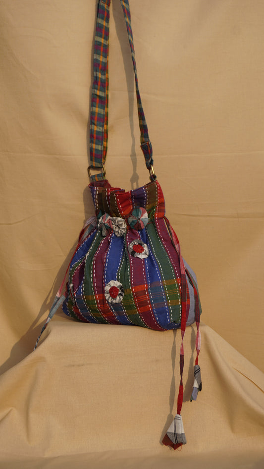 Handwoven Gamcha potli Tote Bag with Embroidery Handmade Cotton Shoulder Bag – Rangila Dhaga Bag