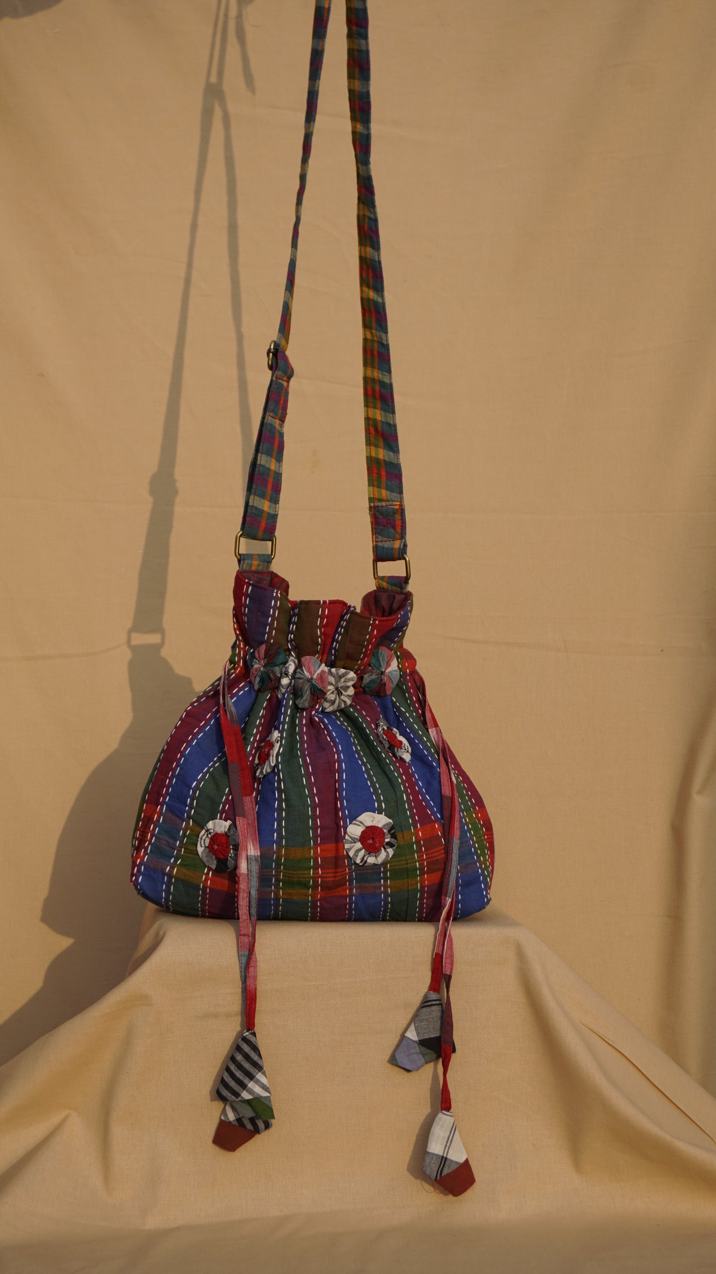 Handwoven Gamcha potli Tote Bag with Embroidery Handmade Cotton Shoulder Bag – Rangila Dhaga Bag