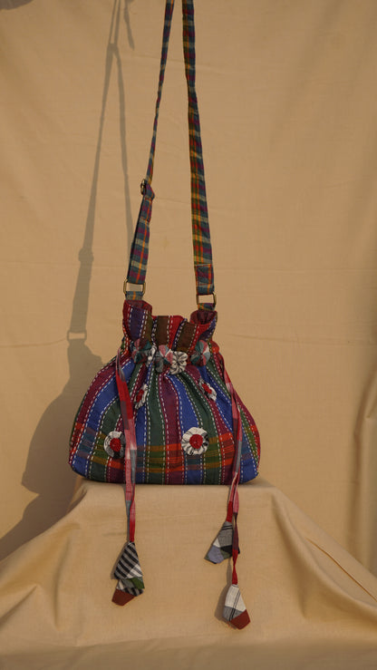 Handwoven Gamcha potli Tote Bag with Embroidery Handmade Cotton Shoulder Bag – Rangila Dhaga Bag