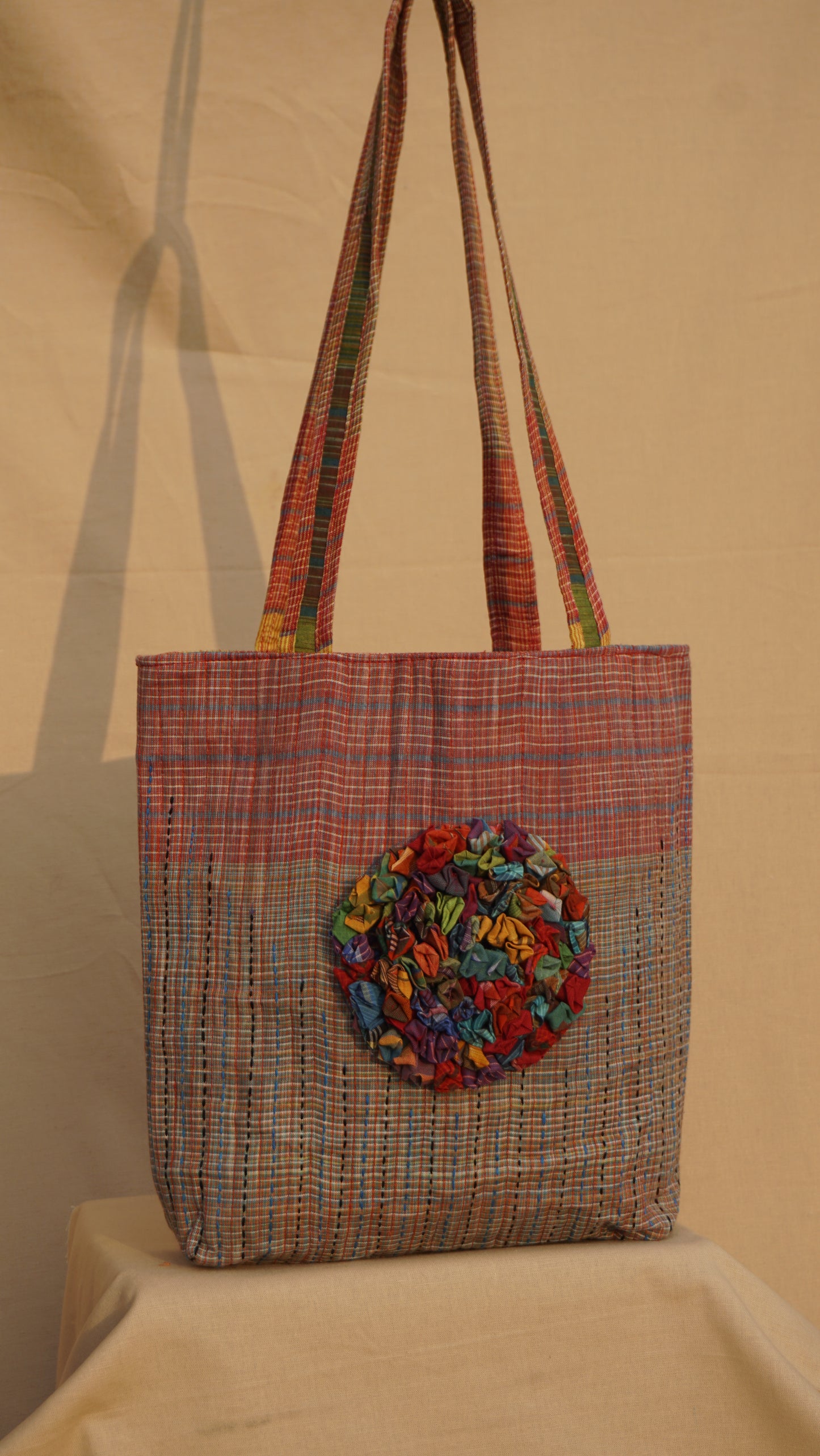 Handmade Gamcha Tote Bag with Floral Appliqué | Sustainable Cotton Handloom Bag TB100
