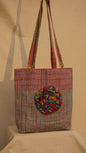 Handmade Gamcha Tote Bag with Floral Appliqué | Sustainable Cotton Handloom Bag TB100