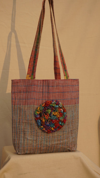 Handmade Gamcha Tote Bag with Floral Appliqué | Sustainable Cotton Handloom Bag TB100