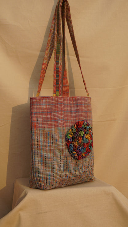 Handmade Gamcha Tote Bag with Floral Appliqué | Sustainable Cotton Handloom Bag TB100