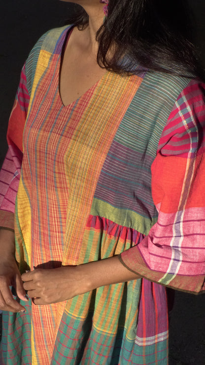 Atrangi Check Dress ( Orange-Green, Multicolor)