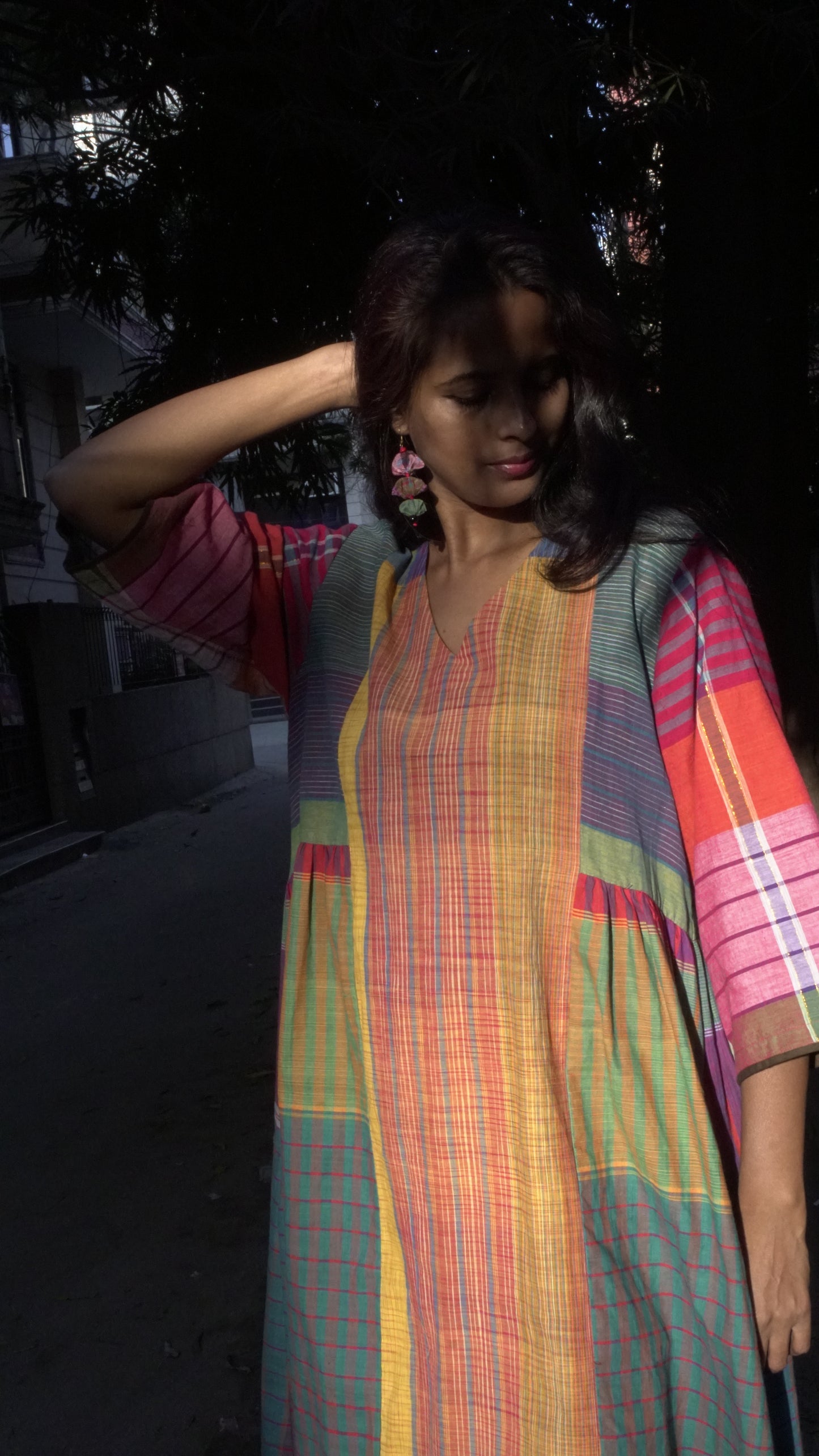 Atrangi Check Dress ( Orange-Green, Multicolor)