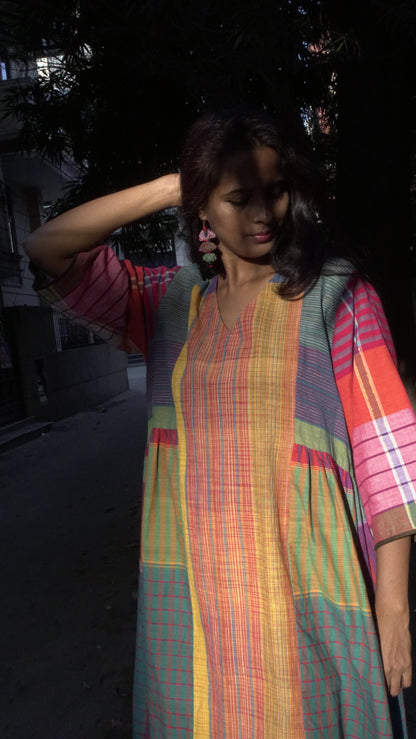 Atrangi Check Dress ( Orange-Green, Multicolor)