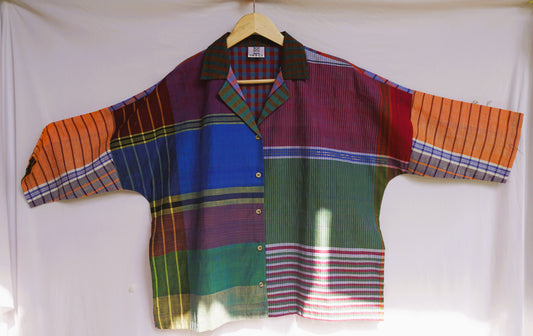 Women’s Oversized Gamcha Cotton Jacket | Handloom Front Open Top – Rangila Dhaga