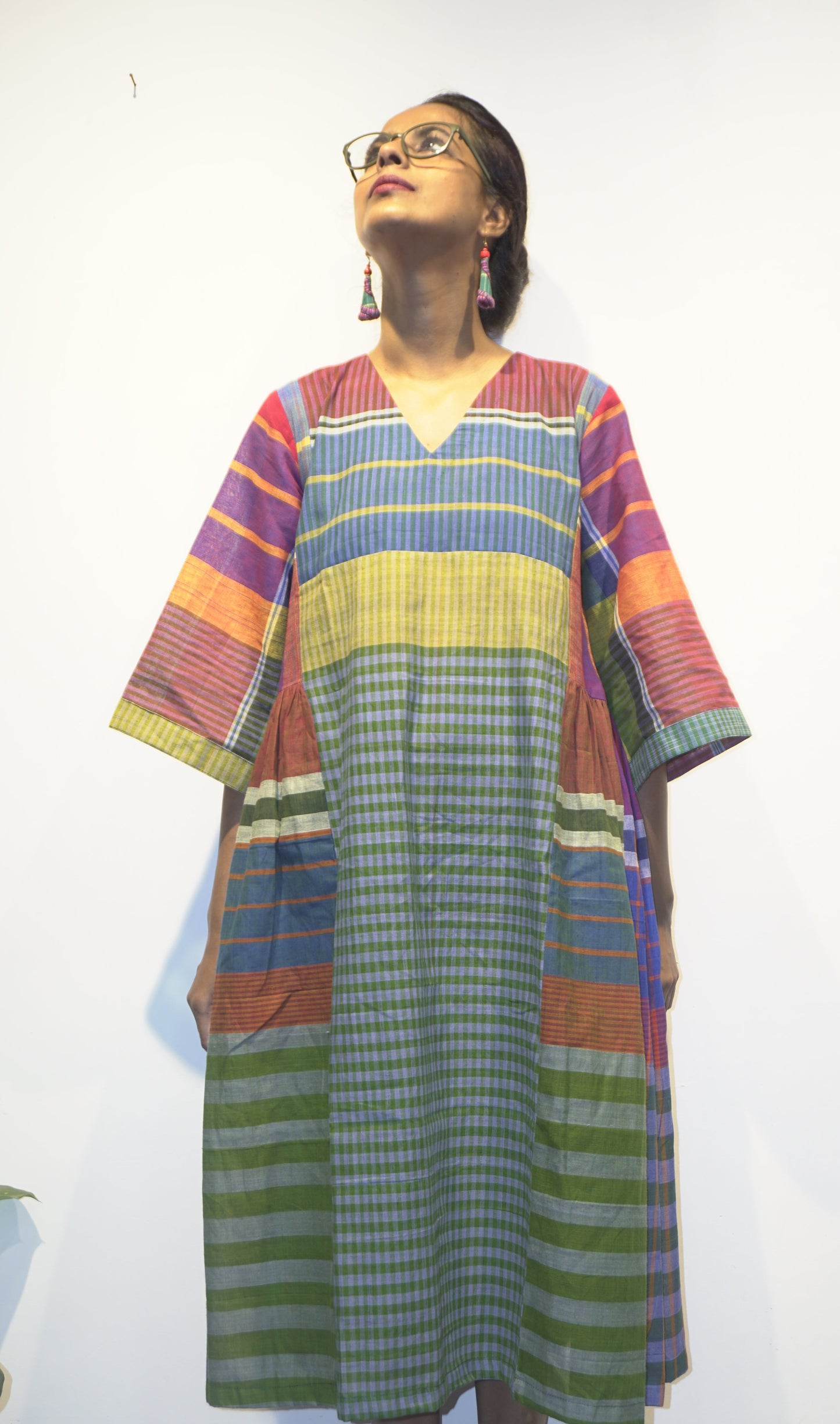 Rainbow Stripes Gamcha Cotton Dress with Pockets – Handloom Elegance Green  D45