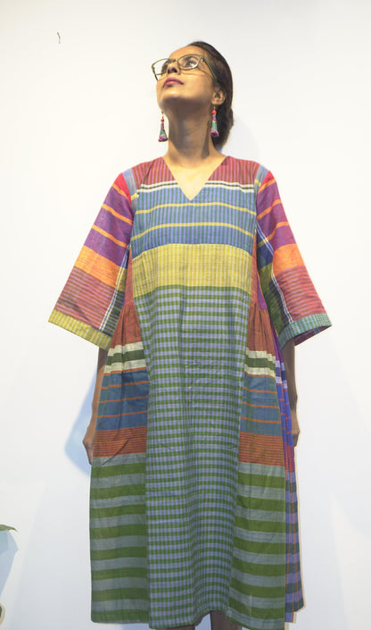 Rainbow Stripes Gamcha Cotton Dress with Pockets – Handloom Elegance Green  D45