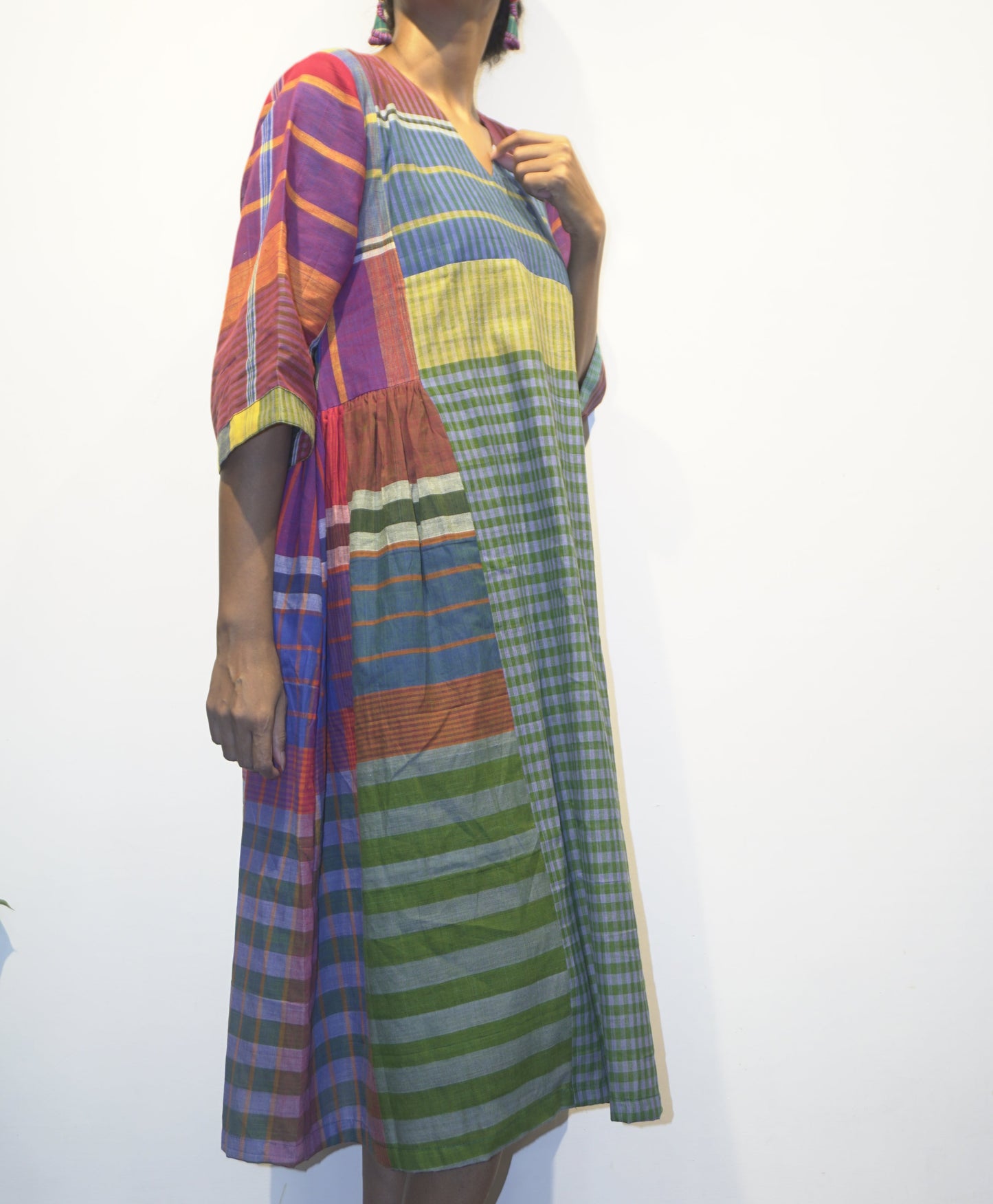 Rainbow Stripes Gamcha Cotton Dress with Pockets – Handloom Elegance Green  D45