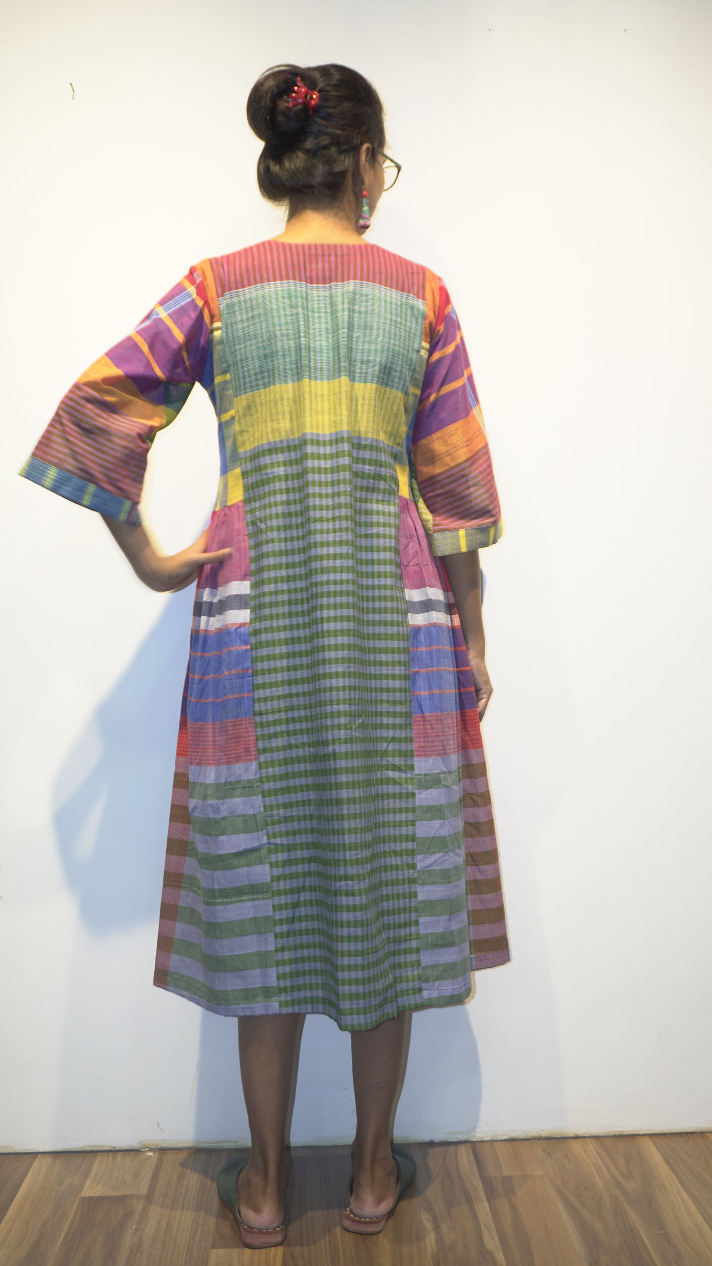 Rainbow Stripes Gamcha Cotton Dress with Pockets – Handloom Elegance Green  D45