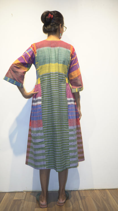 Rainbow Stripes Gamcha Cotton Dress with Pockets – Handloom Elegance Green  D45