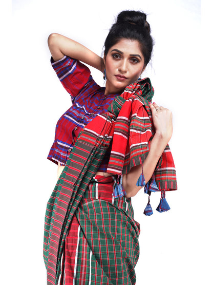Shalimar Crimson Cotton Saree Dark Green and Red GS15