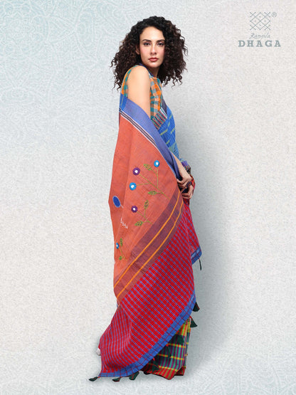 Hand Embroidered Kantha Stitch Patchwork Saree Gamcha Fashion Handloom Cotton Fabric  Blue & Red Multicolor GS101