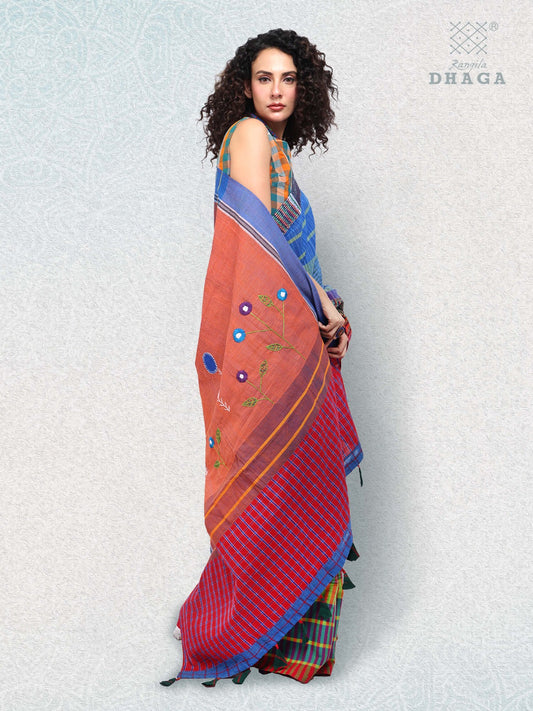 Hand Embroidered Kantha Stitch Patchwork Saree Gamcha Fashion Handloom Cotton Fabric  Blue & Red Multicolor GS101