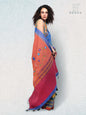 Hand Embroidered Kantha Stitch Patchwork Saree Gamcha Fashion Handloom Cotton Fabric  Blue & Red Multicolor GS101