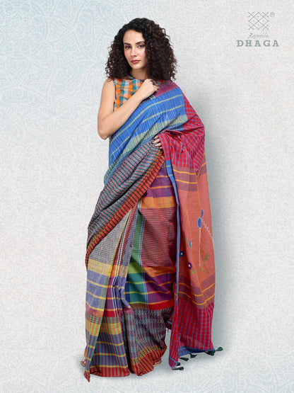 Hand Embroidered Kantha Stitch Patchwork Saree Gamcha Fashion Handloom Cotton Fabric  Blue & Red Multicolor GS101