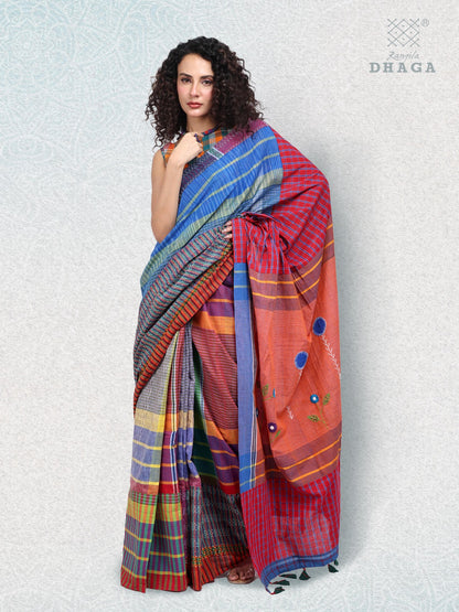 Hand Embroidered Kantha Stitch Patchwork Saree Gamcha Fashion Handloom Cotton Fabric  Blue & Red Multicolor GS101